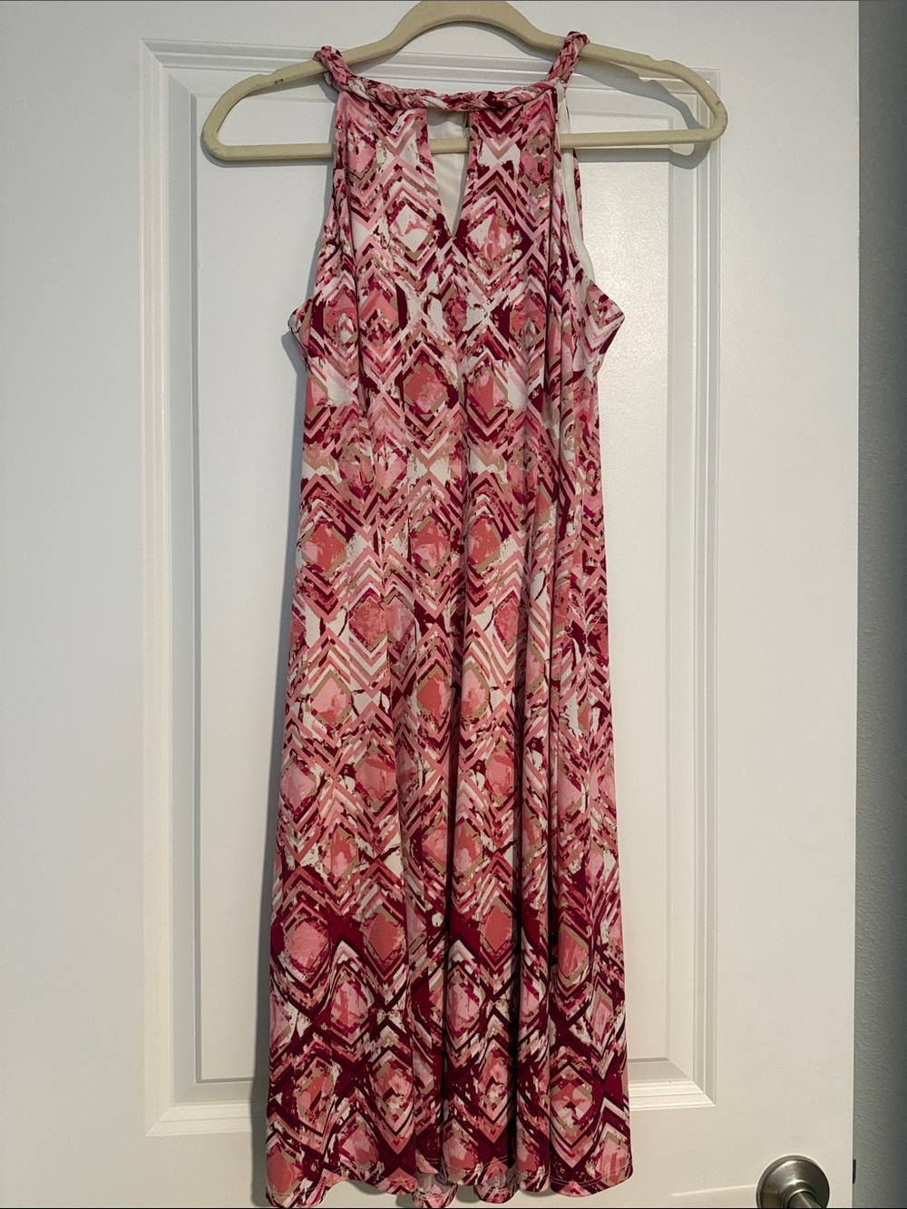 Sleeveless Pink Geo-Print Halter Dress